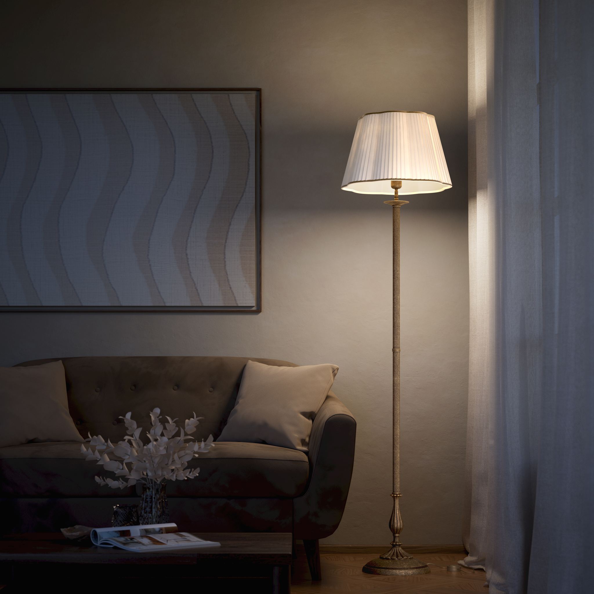 Classic brass floor lamp with fluted stem and pleated ivory fabric shade with decorative trim Petalo collection by Ghidini 1849 - Finish: OAS Antique Brass