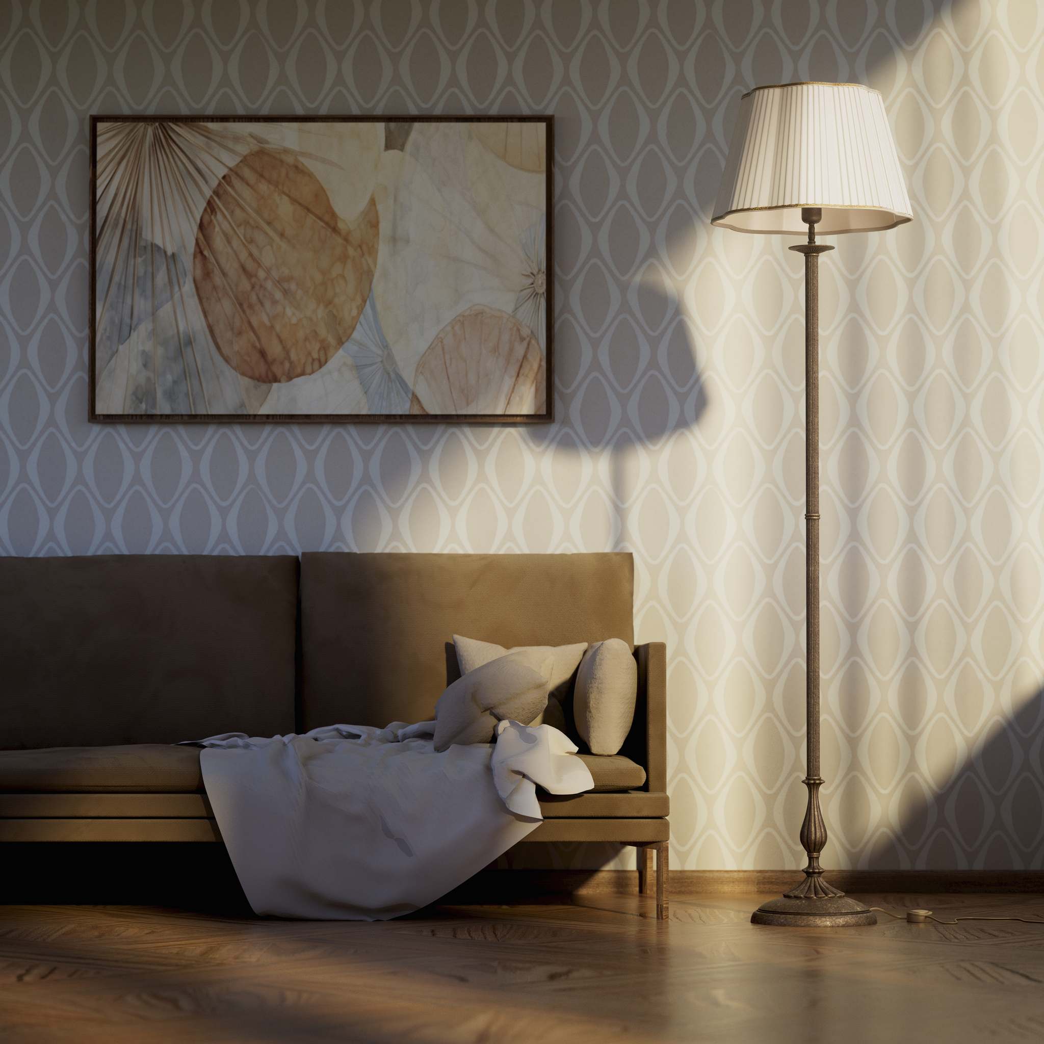 Classic brass floor lamp with fluted stem and pleated ivory fabric shade with decorative trim Petalo collection by Ghidini 1849 - Finish: OAS Antique Brass