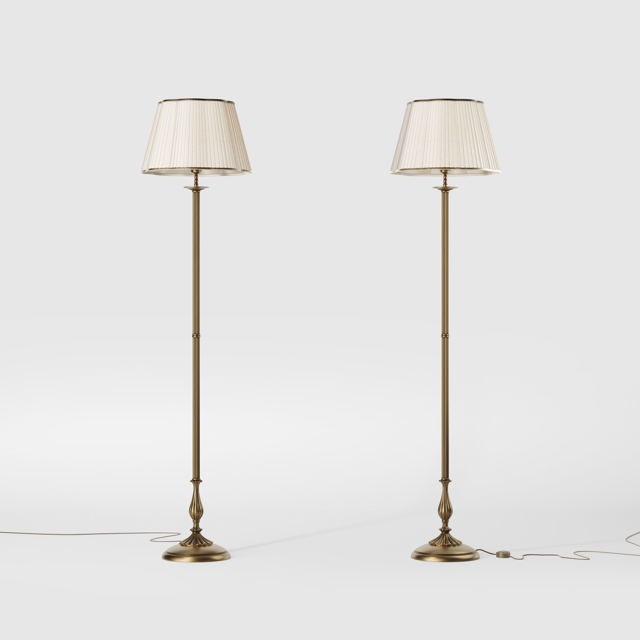 Classic brass floor lamp with fluted stem and pleated ivory fabric shade with decorative trim Petalo collection by Ghidini 1849 - Finish: OBS Bronze Satin Brass