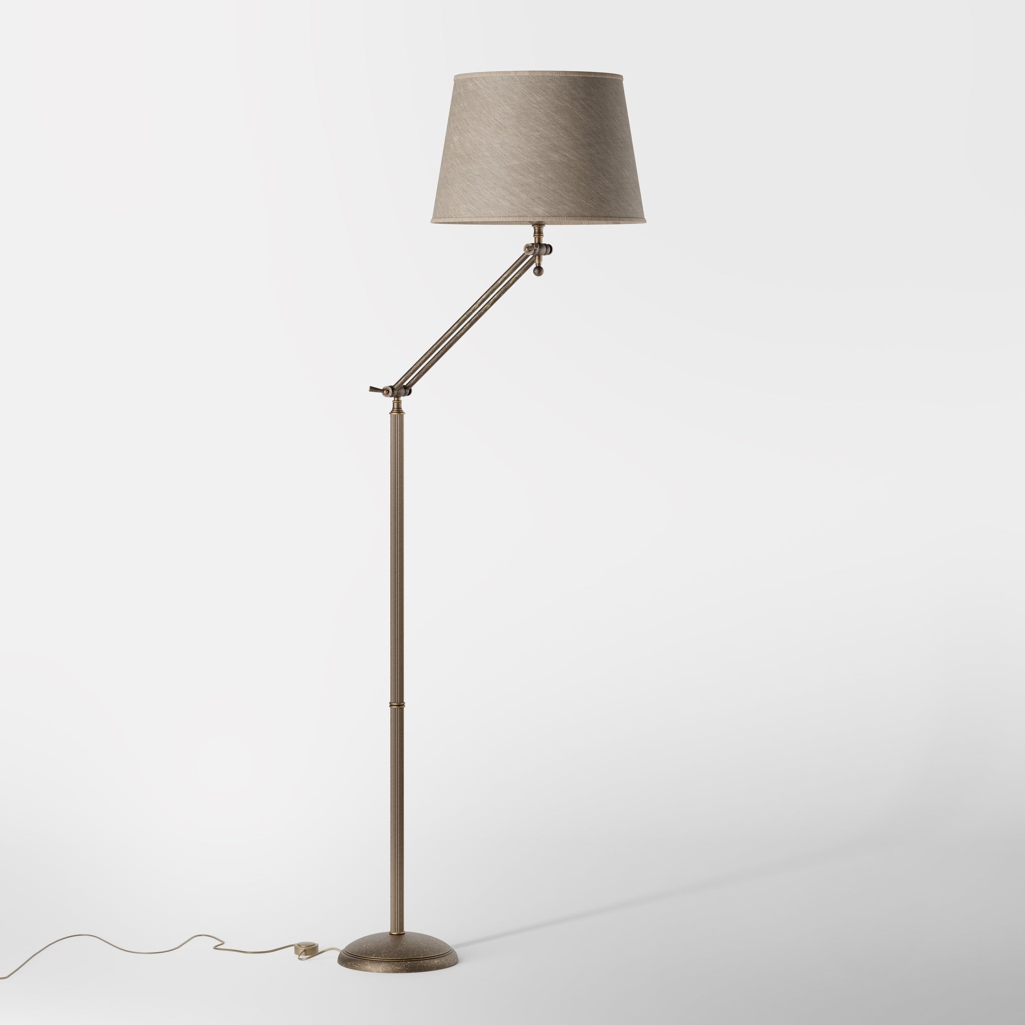 Brass floor lamp with adjustable joints and grey linen fabric shade by Ghidini 1849 - Finish: OAS Antique Brass