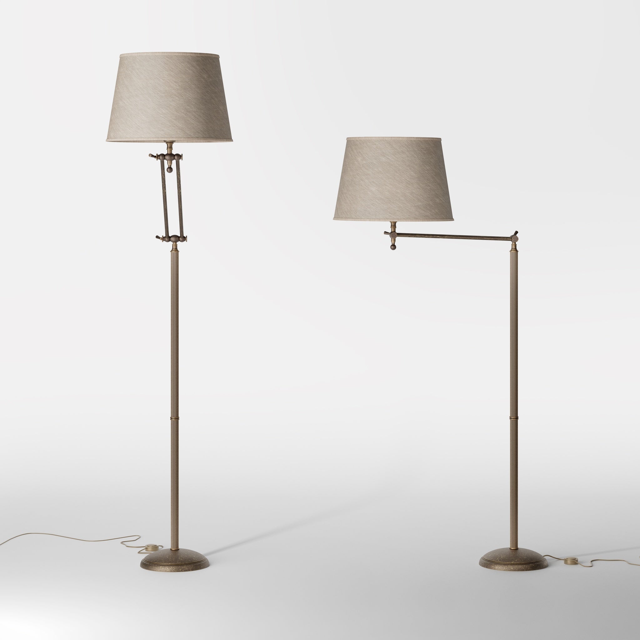 Brass floor lamp with adjustable joints and grey linen fabric shade by Ghidini 1849 - Finish: OAS Antique Brass