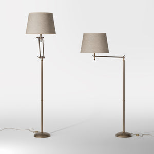 Brass floor lamp with adjustable joints and grey linen fabric shade by Ghidini 1849 - Finish: OAS Antique Brass
