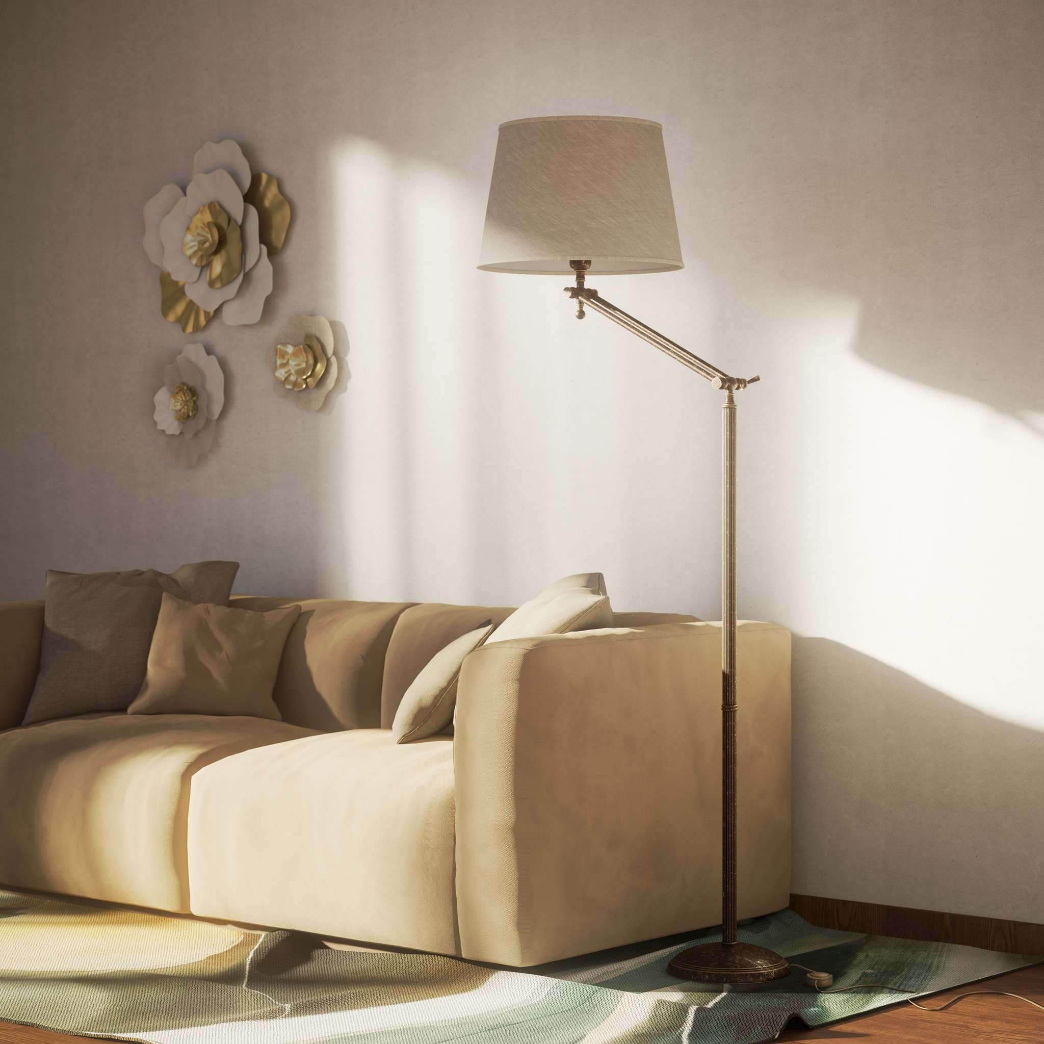 Brass floor lamp with adjustable joints and grey linen fabric shade by Ghidini 1849 - Finish: OAS Antique Brass