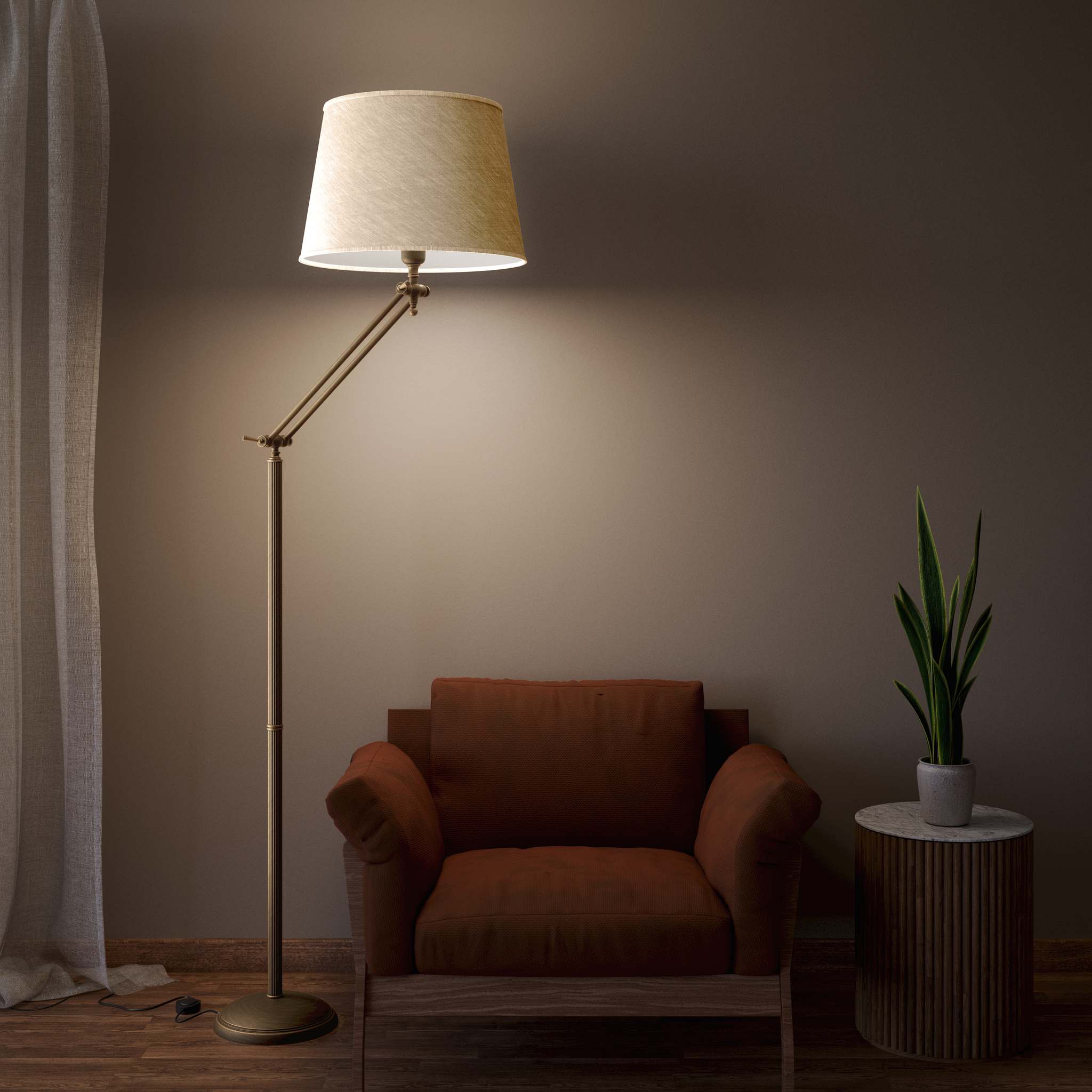 Brass floor lamp with adjustable joints and grey linen fabric shade by Ghidini 1849 - Finish: OBM Bronze Satin Matt Brass