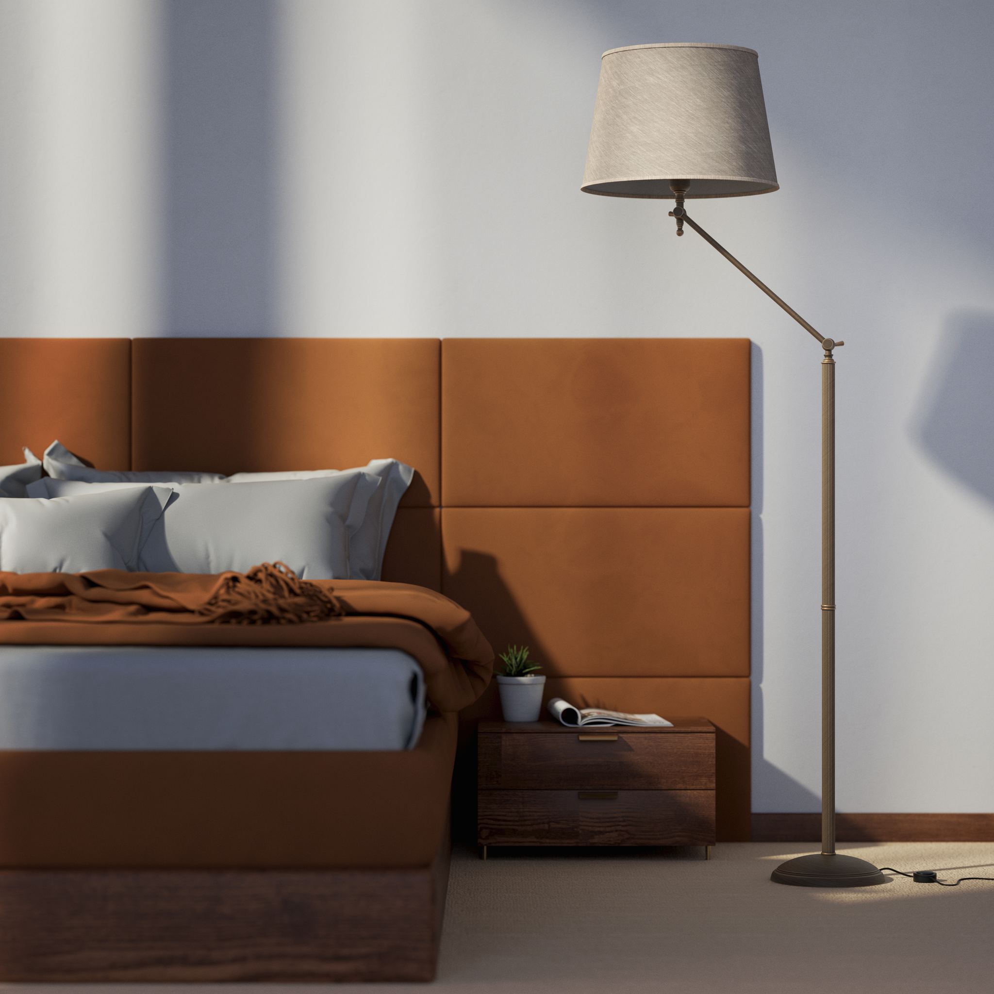 Brass floor lamp with adjustable joints and grey linen fabric shade by Ghidini 1849 - Finish: OBM Bronze Satin Matt Brass