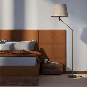 Brass floor lamp with adjustable joints and grey linen fabric shade by Ghidini 1849 - Finish: OBM Bronze Satin Matt Brass