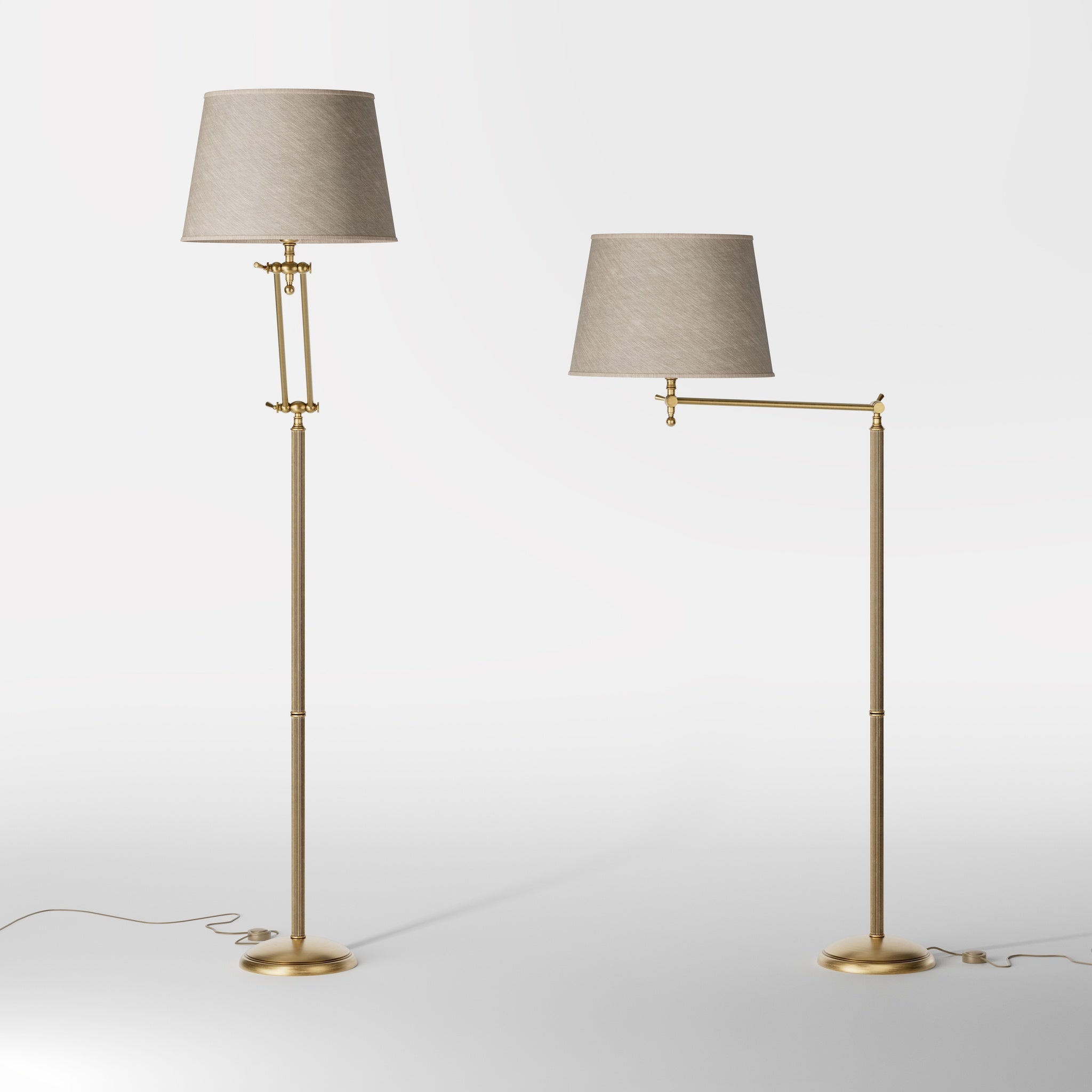 Brass floor lamp with adjustable joints and grey linen fabric shade by Ghidini 1849 - Finish: OBS Bronze Satin Brass