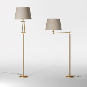 Brass floor lamp with adjustable joints and grey linen fabric shade by Ghidini 1849 - Finish: OBS Bronze Satin Brass