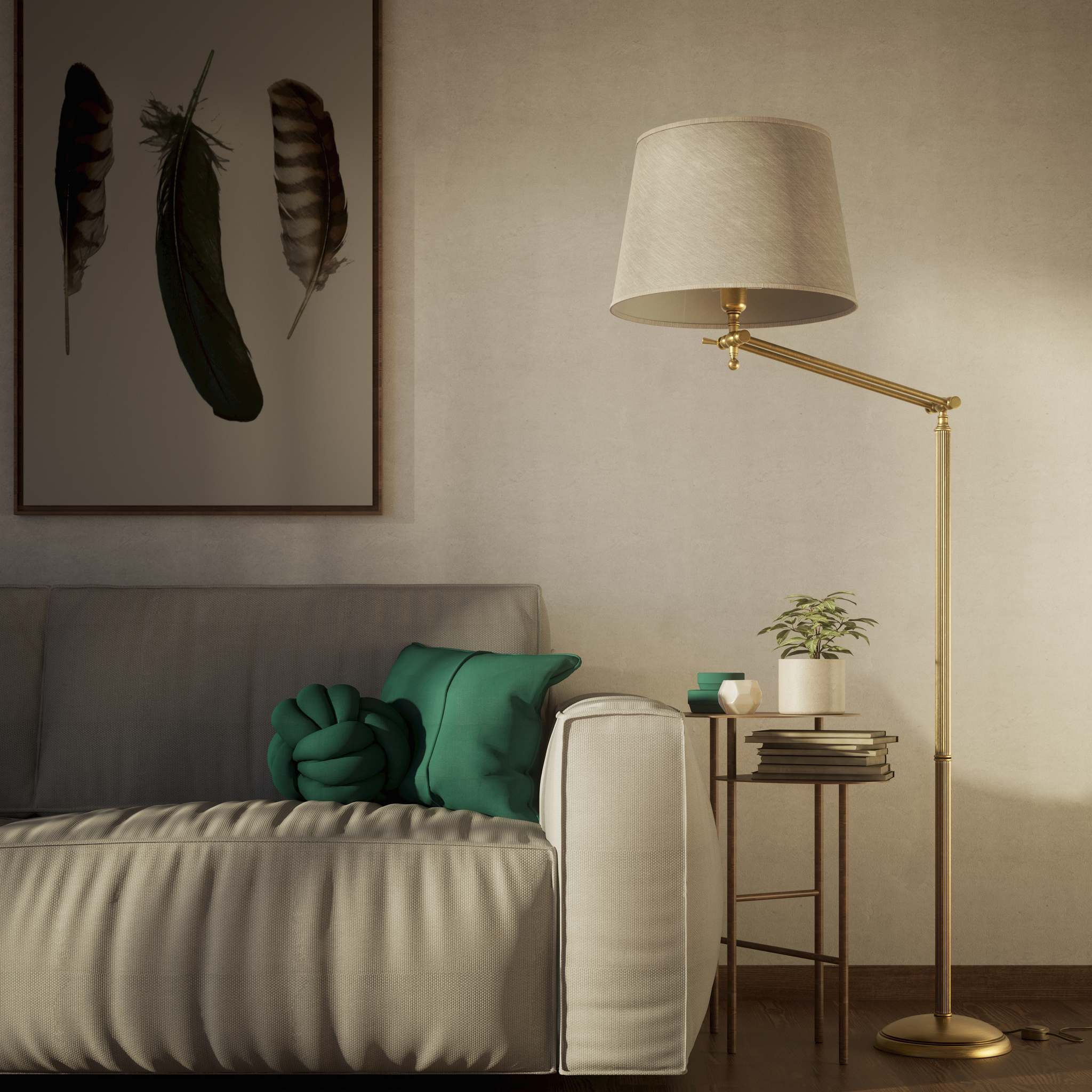 Brass floor lamp with adjustable joints and grey linen fabric shade by Ghidini 1849 - Finish: OBS Bronze Satin Brass