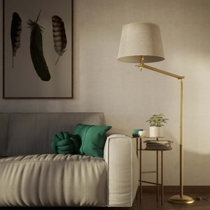 Brass floor lamp with adjustable joints and grey linen fabric shade by Ghidini 1849 - Finish: OBS Bronze Satin Brass