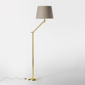 Brass floor lamp with adjustable joints and grey linen fabric shade by Ghidini 1849 - Finish: OLV Polished Brass