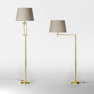 Brass floor lamp with adjustable joints and grey linen fabric shade by Ghidini 1849 - Finish: OLV Polished Brass