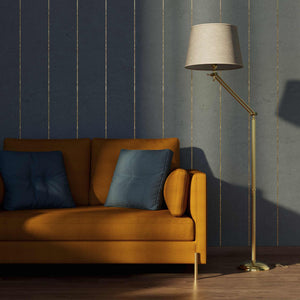 Brass floor lamp with adjustable joints and grey linen fabric shade by Ghidini 1849 - Finish: OLV Polished Brass