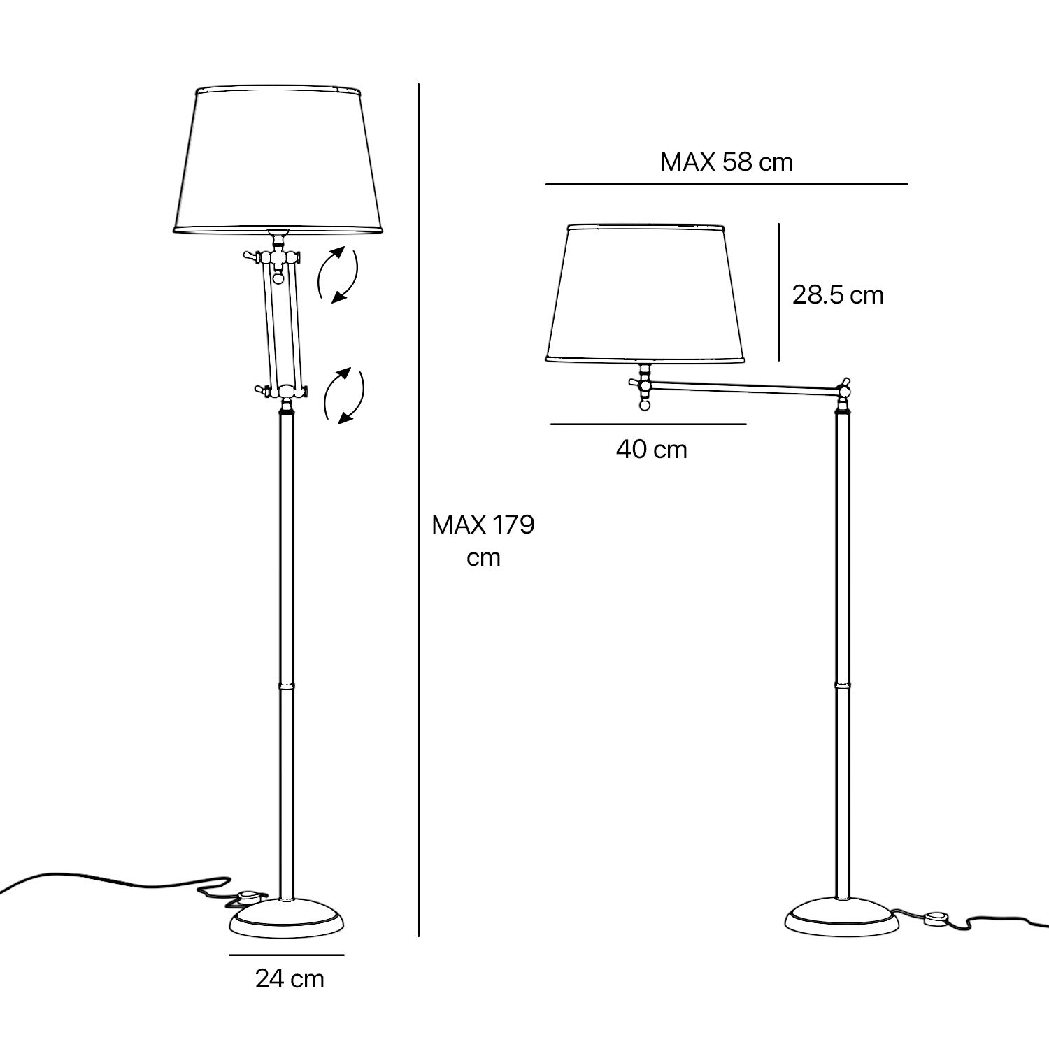 Brass floor lamp with adjustable joints and grey linen fabric shade by Ghidini 1849