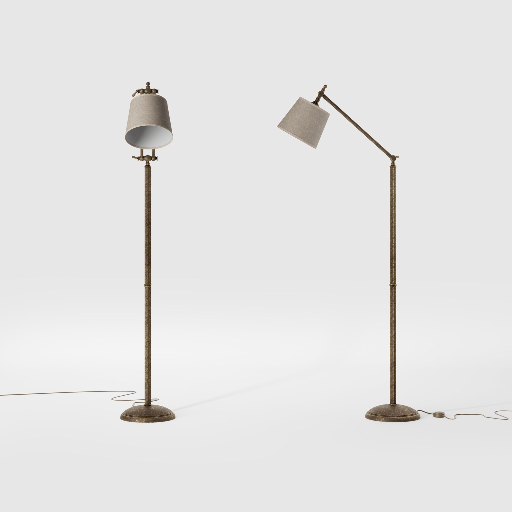 Classic brass floor lamp with ribbed stem, adjustable double joint and grey linen-effect fabric shade Made in Italy by Ghidini 1849 - Finish: OAS Antique Brass