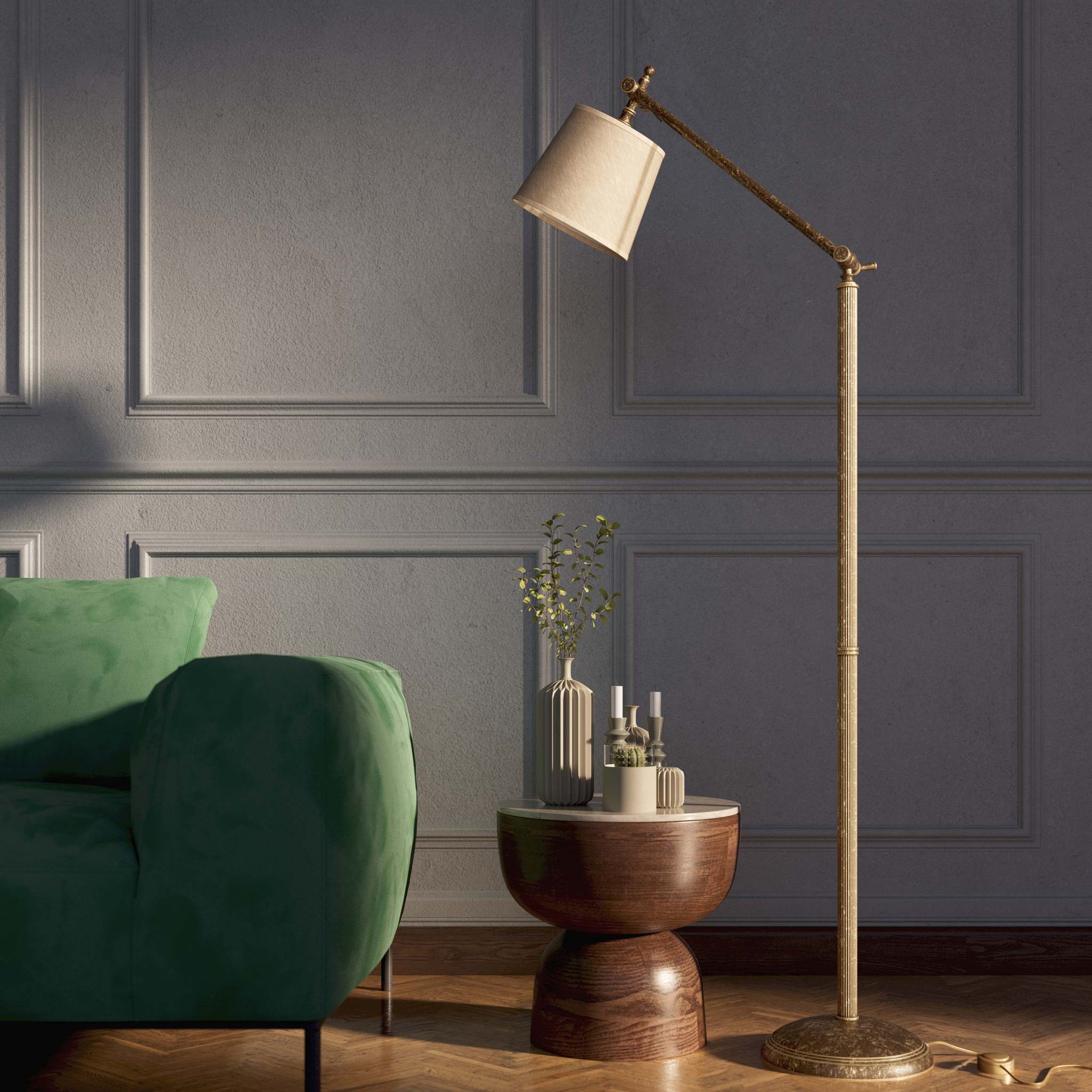 Classic brass floor lamp with ribbed stem, adjustable double joint and grey linen-effect fabric shade Made in Italy by Ghidini 1849 - Finish: OAS Antique Brass