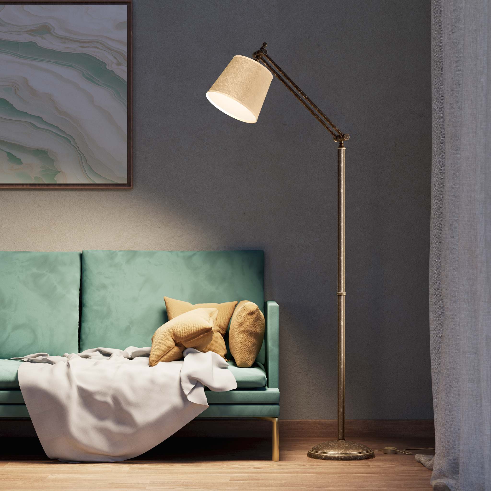 Classic brass floor lamp with ribbed stem, adjustable double joint and grey linen-effect fabric shade Made in Italy by Ghidini 1849 - Finish: OAS Antique Brass