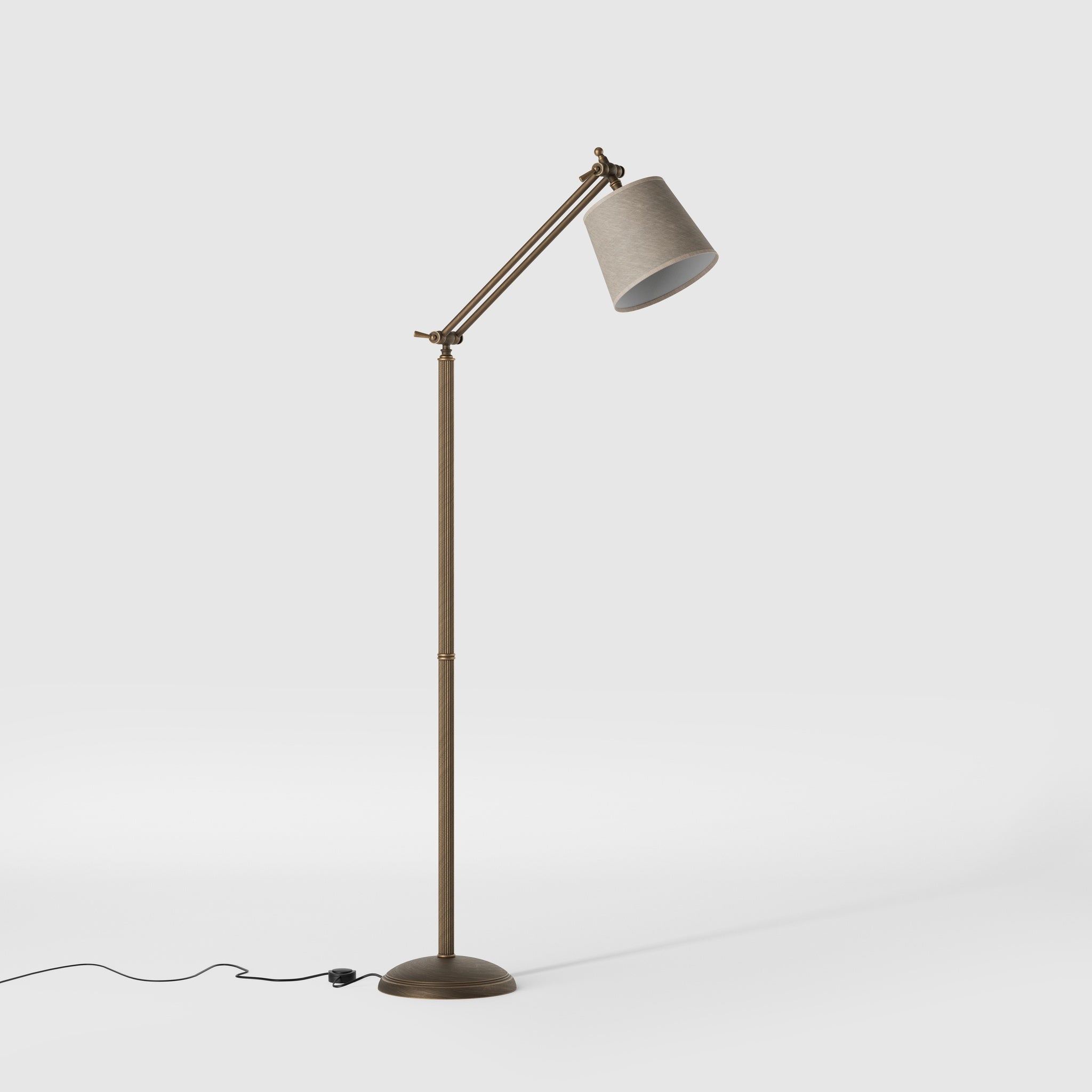 Classic brass floor lamp with ribbed stem, adjustable double joint and grey linen-effect fabric shade Made in Italy by Ghidini 1849 - Finish: OBM Bronze Satin Matt Brass