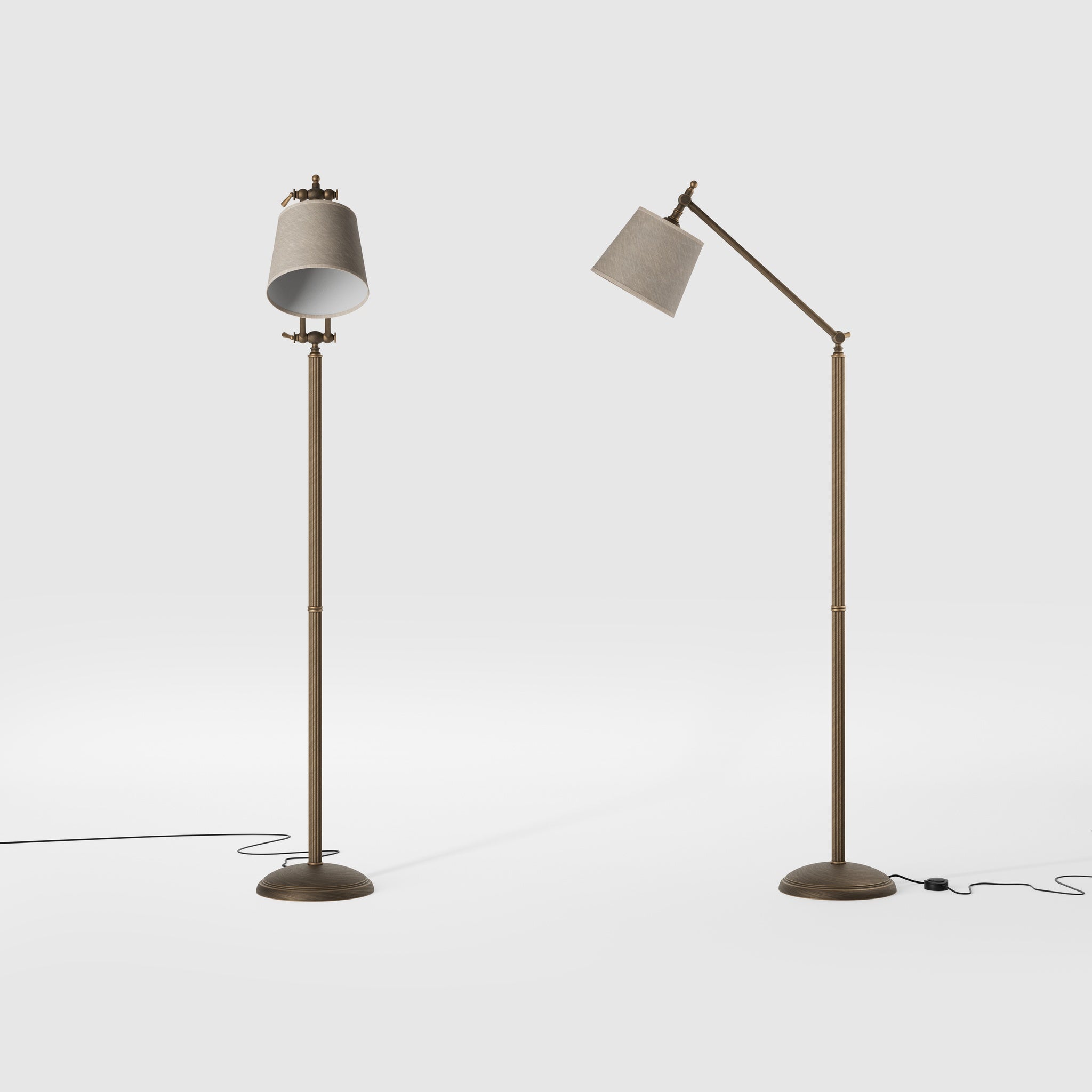 Classic brass floor lamp with ribbed stem, adjustable double joint and grey linen-effect fabric shade Made in Italy by Ghidini 1849 - Finish: OBM Bronze Satin Matt Brass