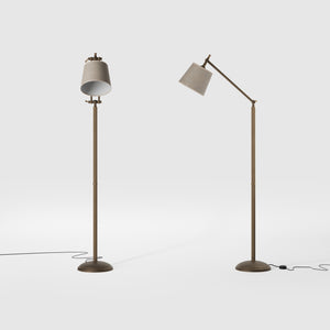 Classic brass floor lamp with ribbed stem, adjustable double joint and grey linen-effect fabric shade Made in Italy by Ghidini 1849 - Finish: OBM Bronze Satin Matt Brass