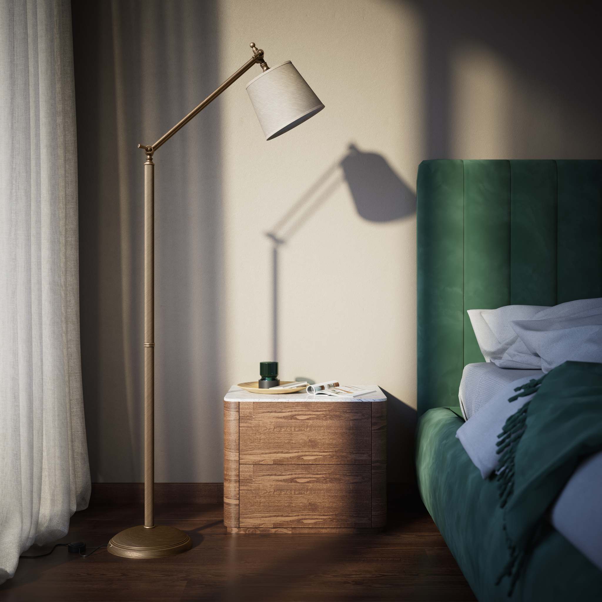 Classic brass floor lamp with ribbed stem, adjustable double joint and grey linen-effect fabric shade Made in Italy by Ghidini 1849 - Finish: OBM Bronze Satin Matt Brass