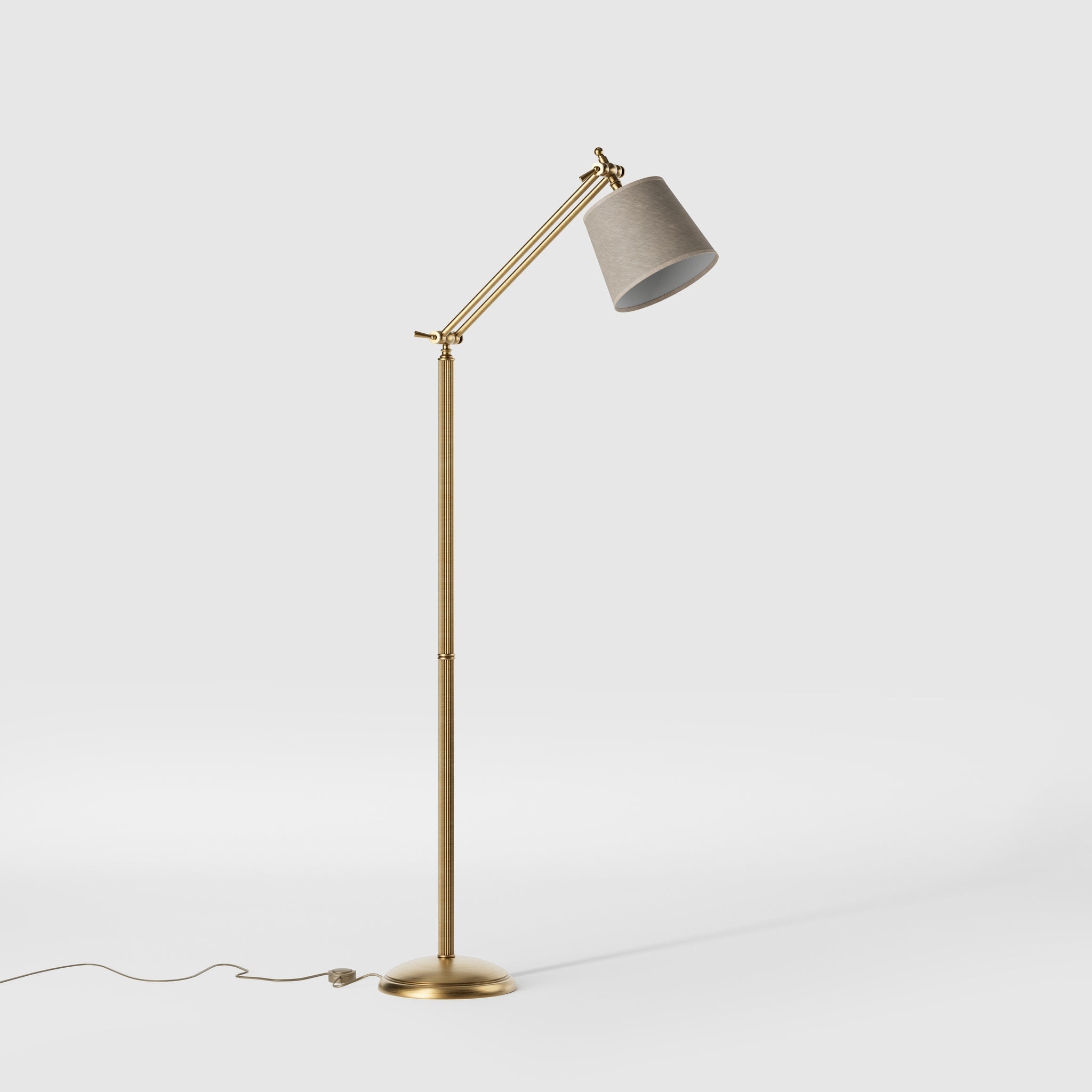 Classic brass floor lamp with ribbed stem, adjustable double joint and grey linen-effect fabric shade Made in Italy by Ghidini 1849 - Finish: OBS Bronze Satin Brass