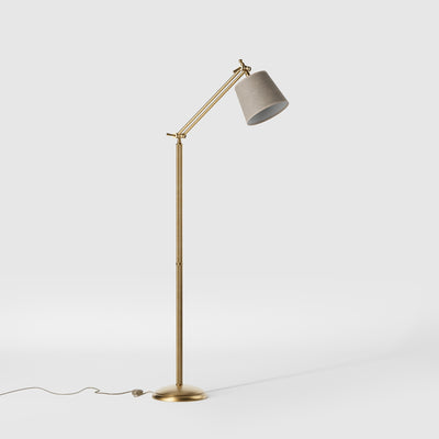 Classic brass floor lamp with ribbed stem, adjustable double joint and grey linen-effect fabric shade Made in Italy by Ghidini 1849 - Finish: OBS Bronze Satin Brass