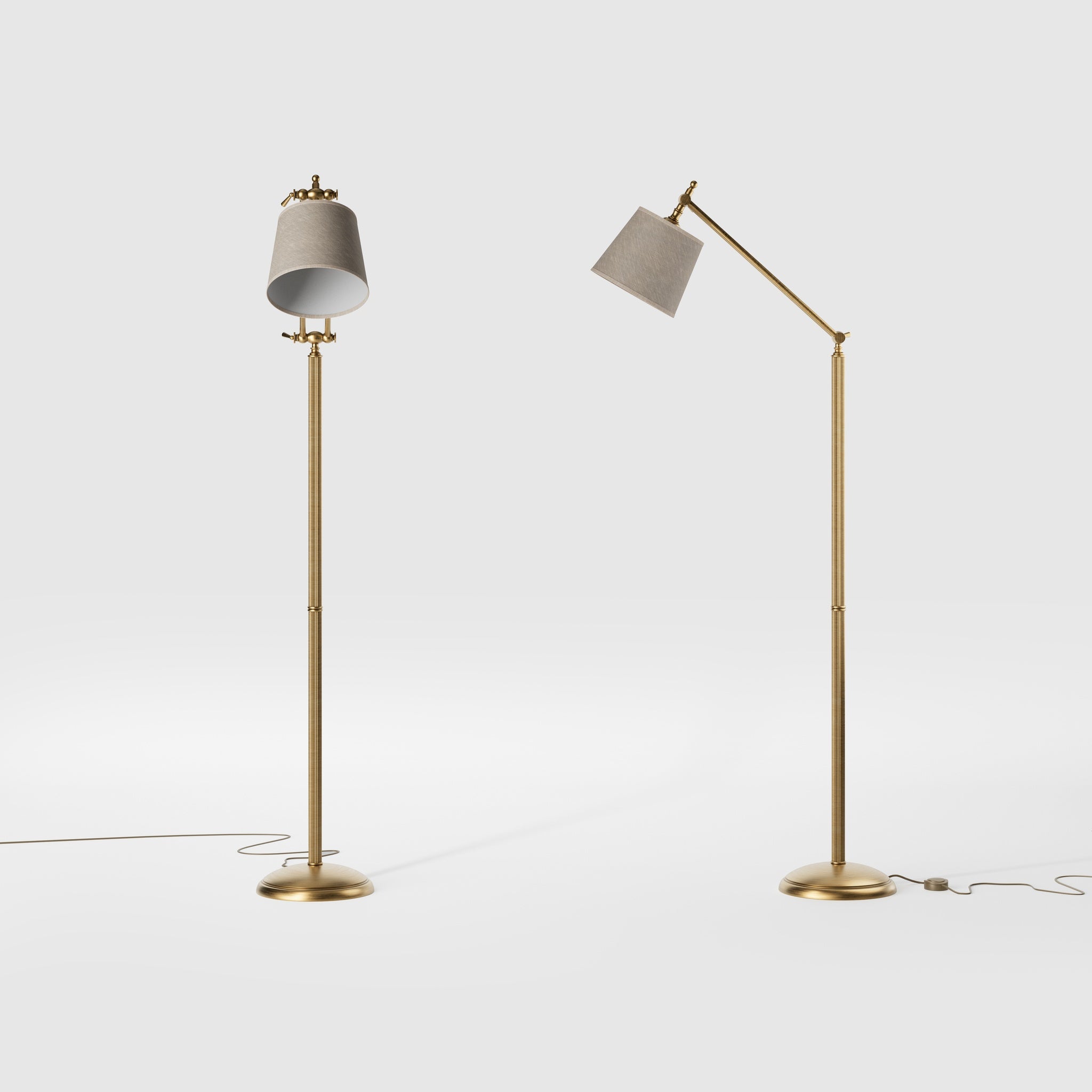 Classic brass floor lamp with ribbed stem, adjustable double joint and grey linen-effect fabric shade Made in Italy by Ghidini 1849 - Finish: OBS Bronze Satin Brass