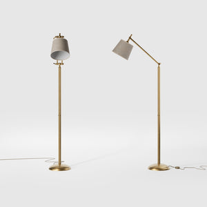 Classic brass floor lamp with ribbed stem, adjustable double joint and grey linen-effect fabric shade Made in Italy by Ghidini 1849 - Finish: OBS Bronze Satin Brass