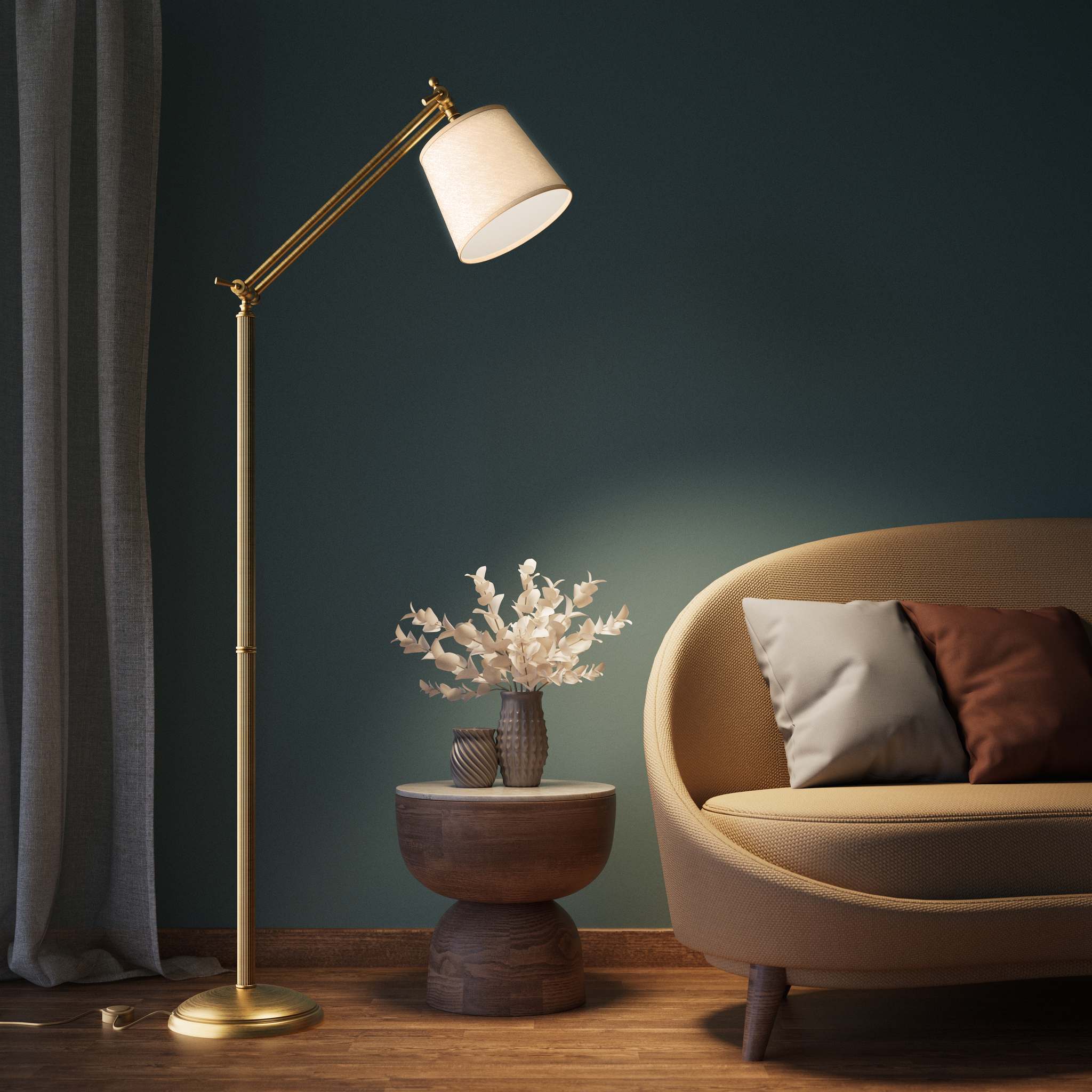 Classic brass floor lamp with ribbed stem, adjustable double joint and grey linen-effect fabric shade Made in Italy by Ghidini 1849 - Finish: OBS Bronze Satin Brass