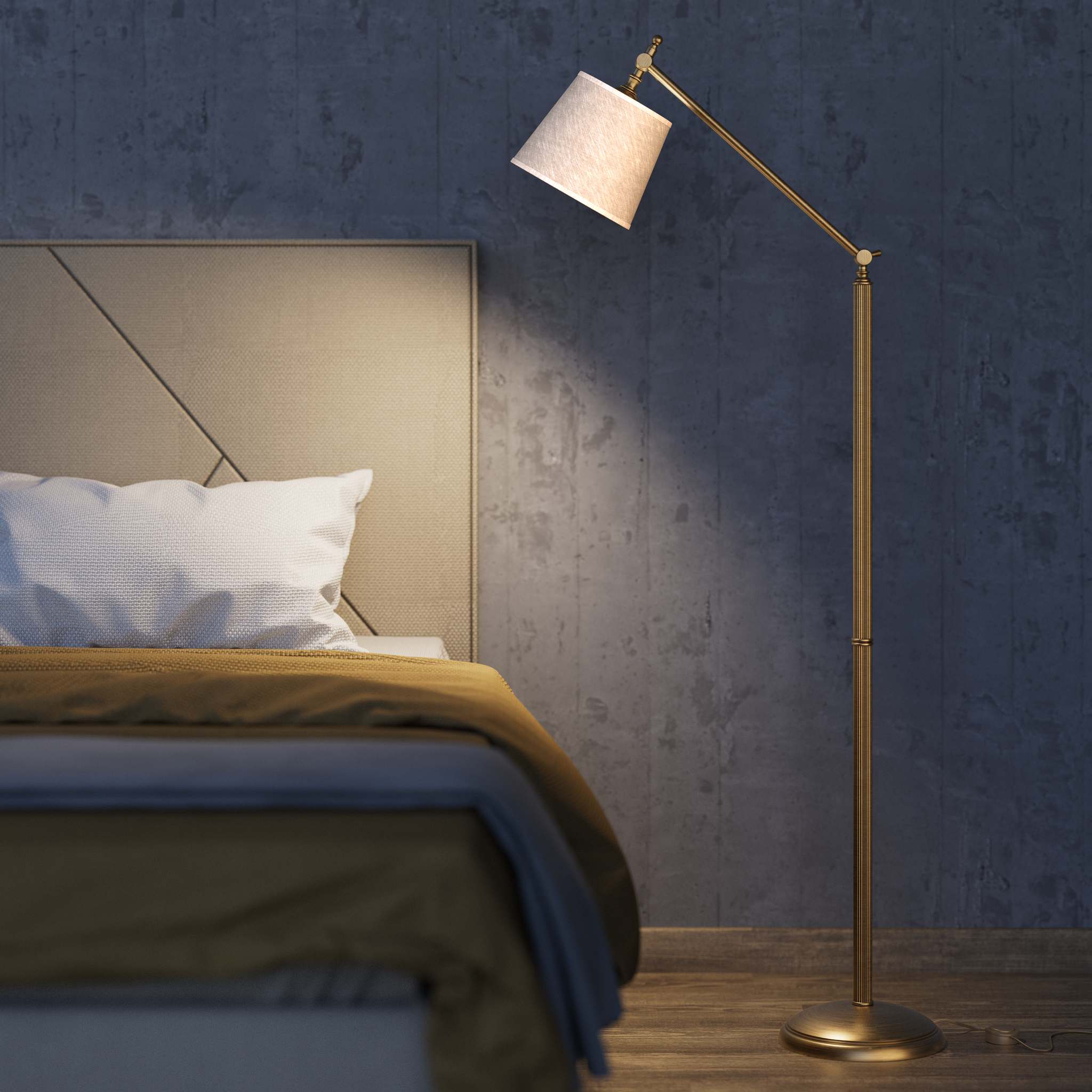 Classic brass floor lamp with ribbed stem, adjustable double joint and grey linen-effect fabric shade Made in Italy by Ghidini 1849 - Finish: OBS Bronze Satin Brass