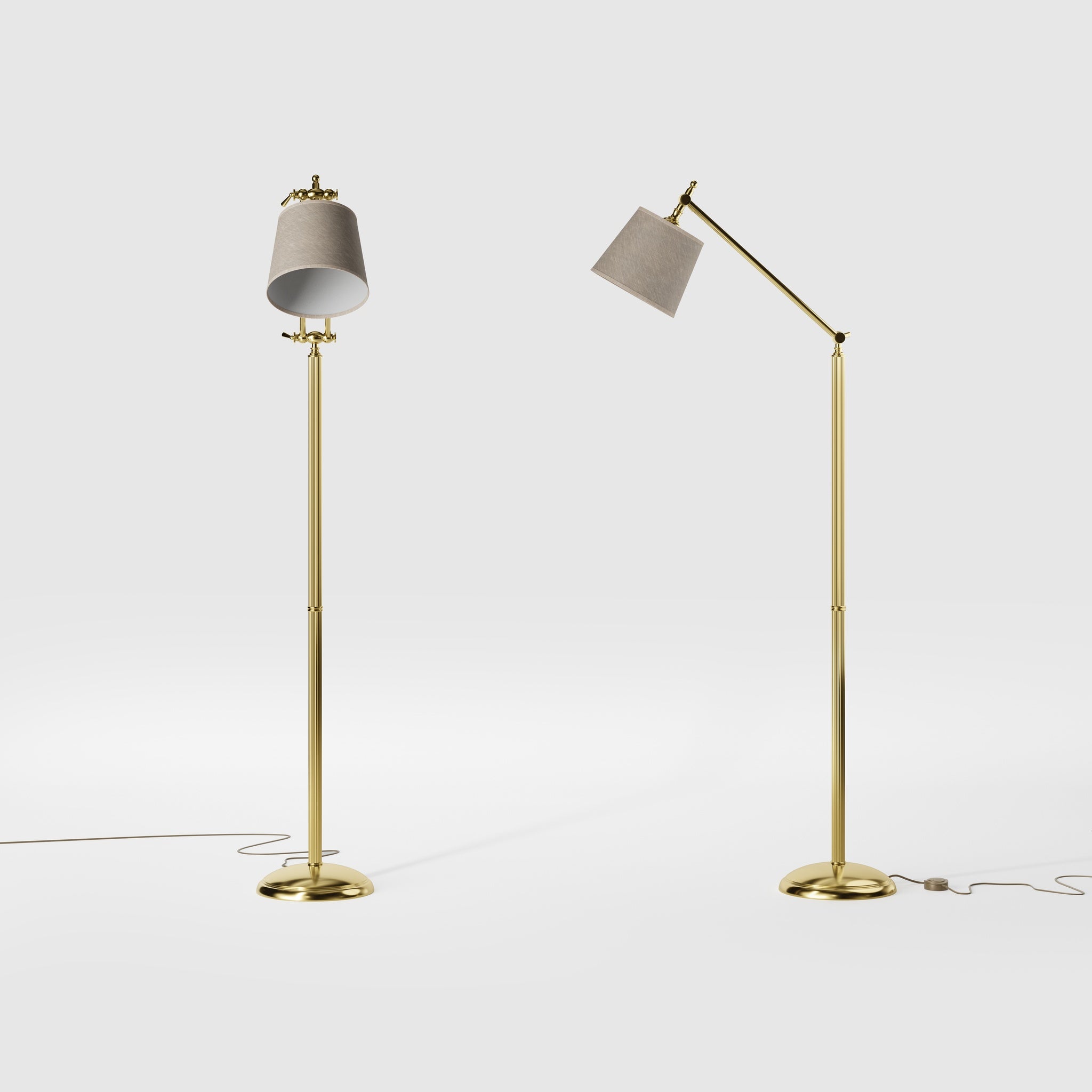 Classic brass floor lamp with ribbed stem, adjustable double joint and grey linen-effect fabric shade Made in Italy by Ghidini 1849 - Finish: OLV Polished Brass