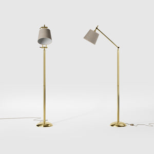 Classic brass floor lamp with ribbed stem, adjustable double joint and grey linen-effect fabric shade Made in Italy by Ghidini 1849 - Finish: OLV Polished Brass