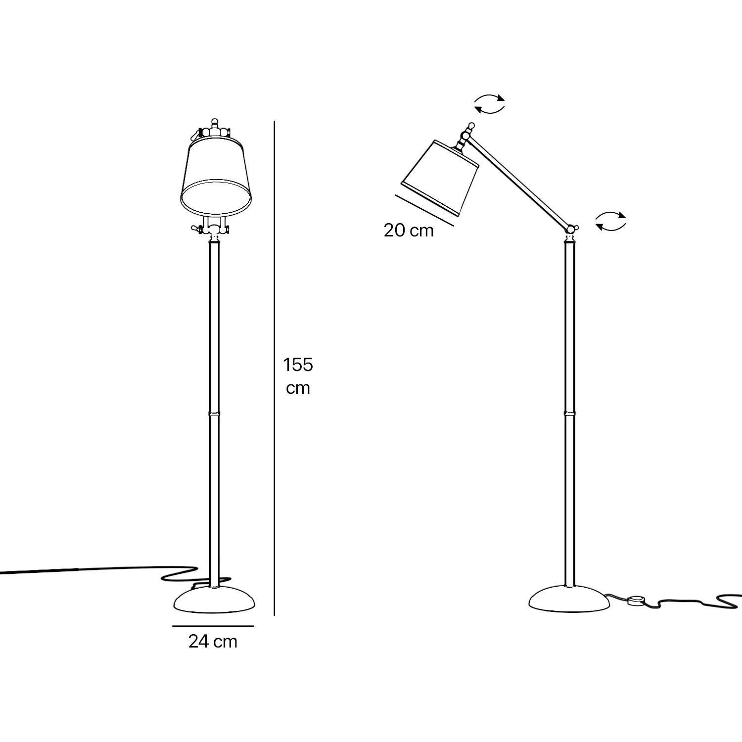 Classic brass floor lamp with ribbed stem, adjustable double joint and grey linen-effect fabric shade Made in Italy by Ghidini 1849