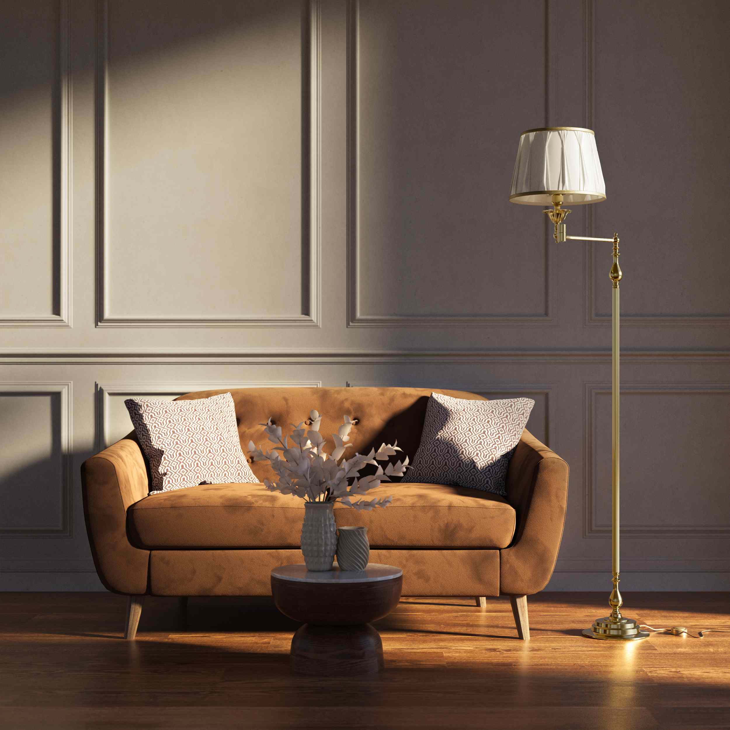 Classic brass floor lamp with adjustable arm, ivory fabric shade, elegant design, and versatile functionality for interiors by Ghidini 1849 - Finish: OLV Polished Brass