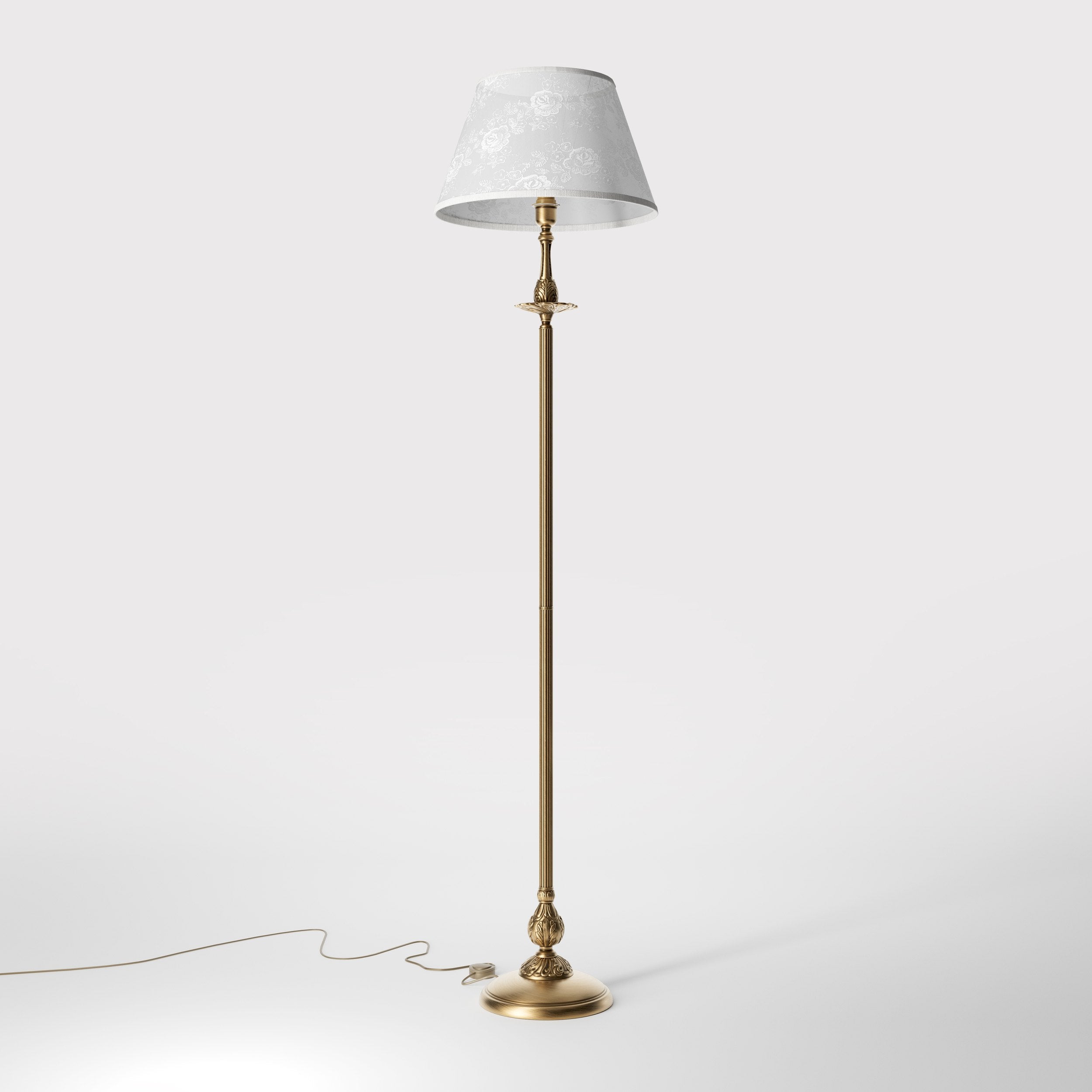 Classic brass floor lamp with decorated white fabric shade fluted stem ornamental base floral details traditional style - Finish: OBS Bronze Satin Brass