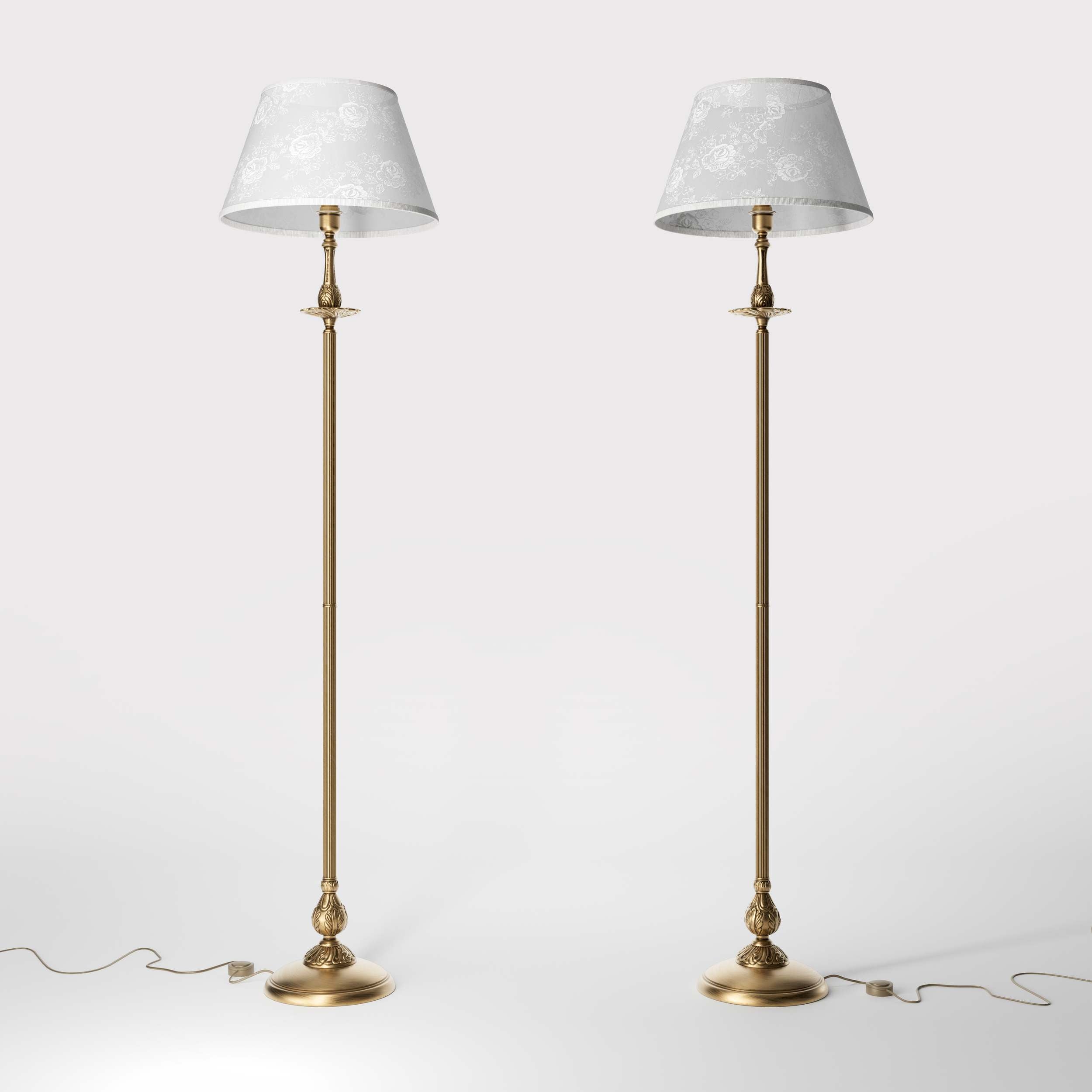 Classic brass floor lamp with decorated white fabric shade fluted stem ornamental base floral details traditional style - Finish: OBS Bronze Satin Brass