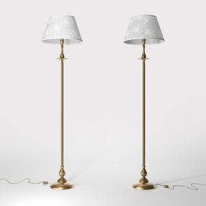 Classic brass floor lamp with decorated white fabric shade fluted stem ornamental base floral details traditional style - Finish: OBS Bronze Satin Brass