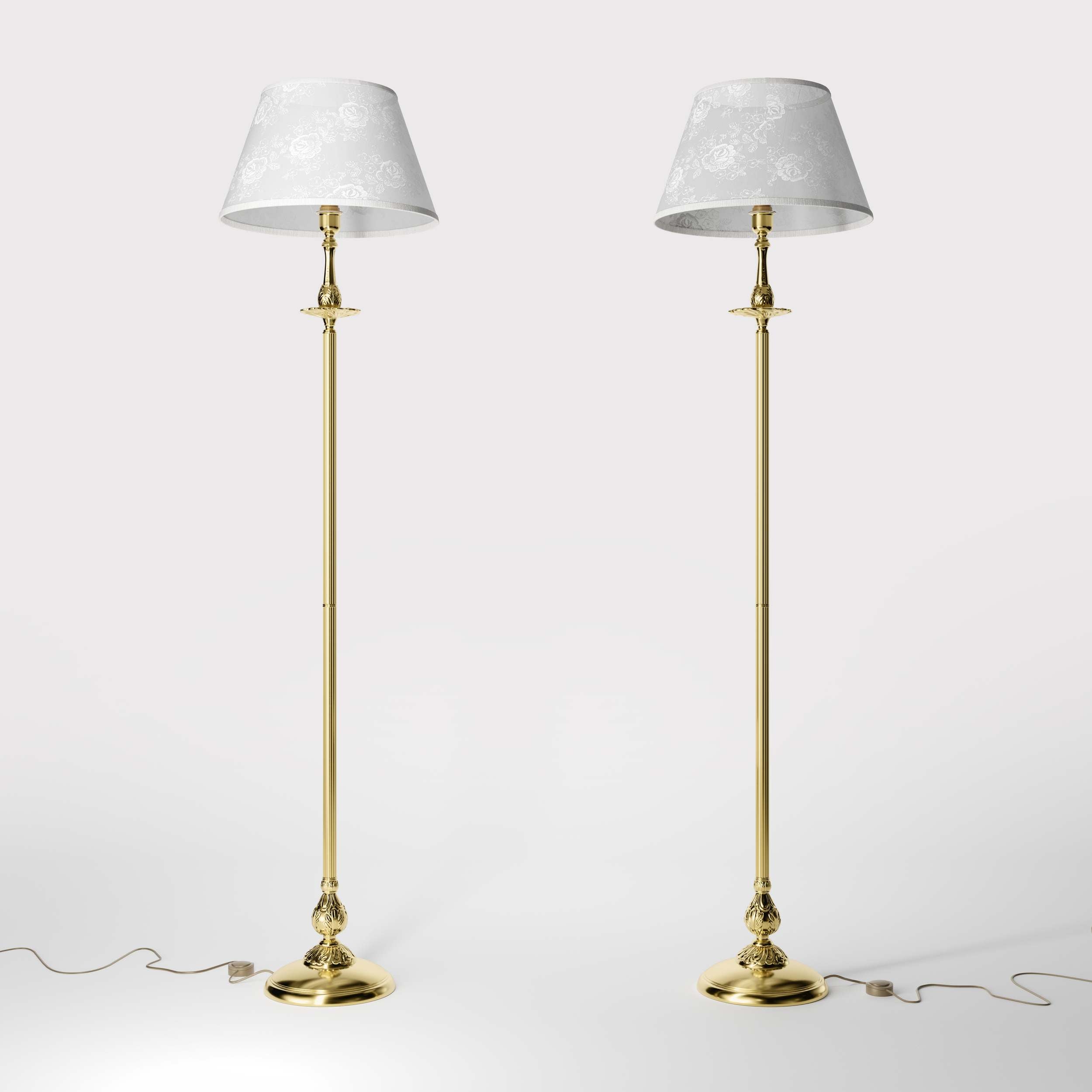 Classic brass floor lamp with decorated white fabric shade fluted stem ornamental base floral details traditional style - Finish: OLV Polished Brass