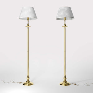 Classic brass floor lamp with decorated white fabric shade fluted stem ornamental base floral details traditional style - Finish: OLV Polished Brass