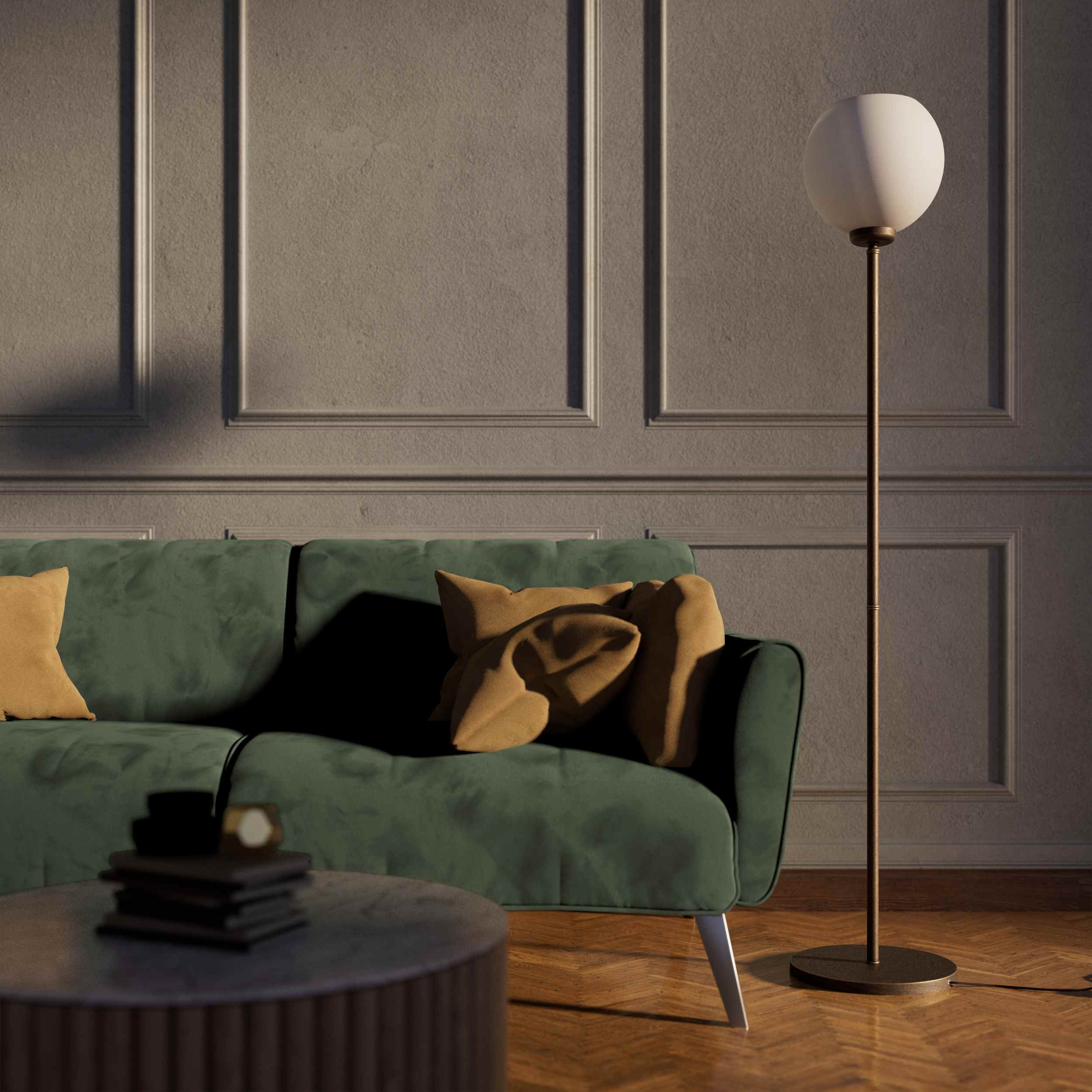 Brass floor lamp with frosted glass globe, elegant lighting for interiors - Finish: OBM Bronze Satin Matt Brass