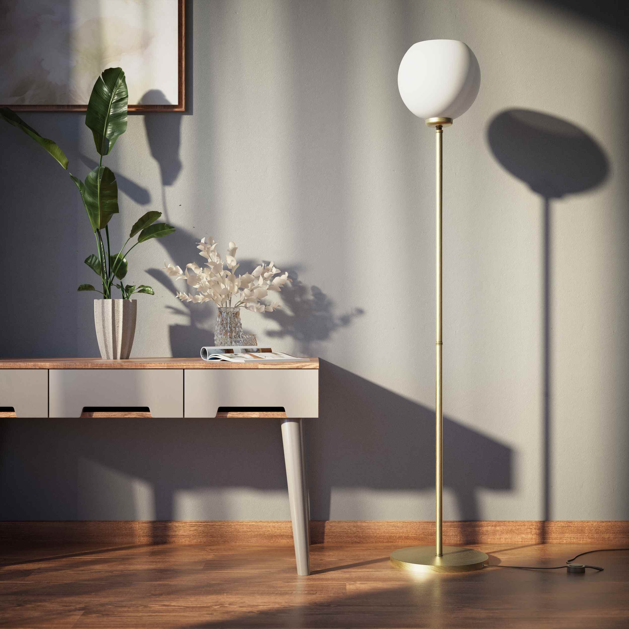 Brass floor lamp with frosted glass globe, elegant lighting for interiors - Finish: OBV Bronze Satin Light Brass