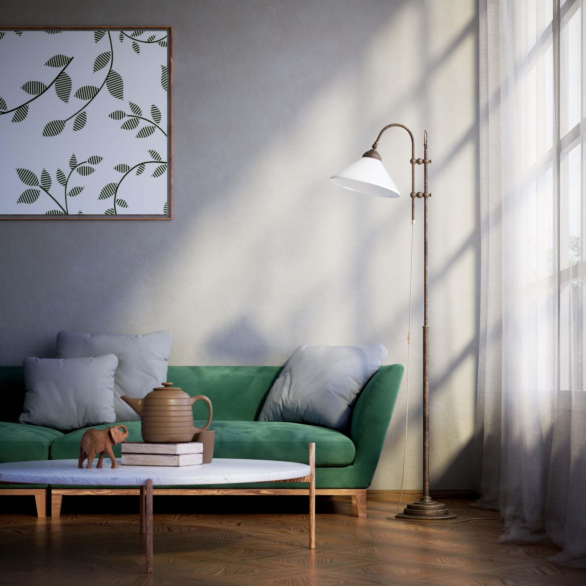 Floor lamp with brass sliding system adjustable glossy white glass shade vintage design Made in Italy by Ghidini 1849 - Finish: OAS Antique Brass