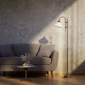 Floor lamp with brass sliding system adjustable glossy white glass shade vintage design Made in Italy by Ghidini 1849 - Finish: OAS Antique Brass