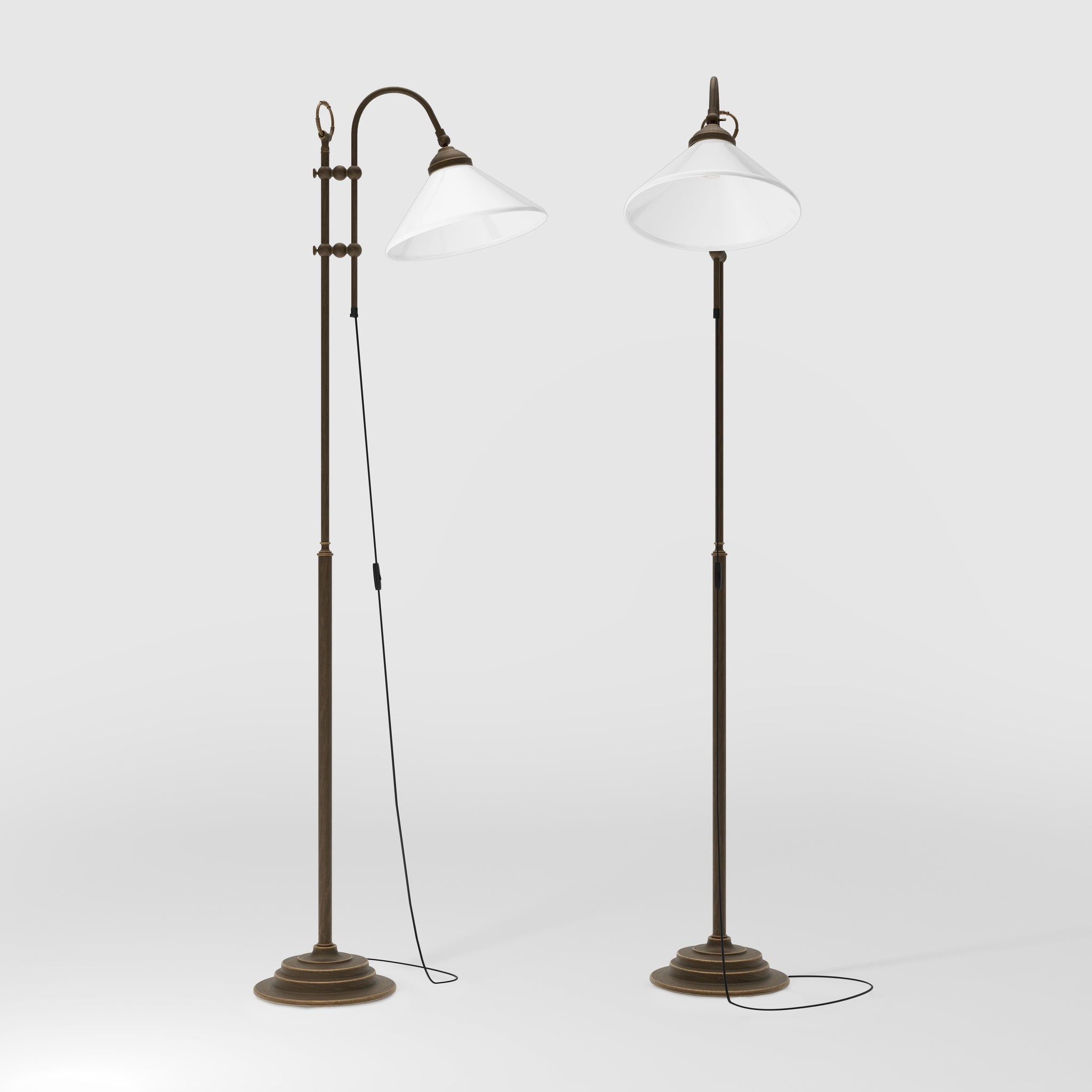 Floor lamp with brass sliding system adjustable glossy white glass shade vintage design Made in Italy by Ghidini 1849 - Finish: OBM Bronze Satin Matt Brass