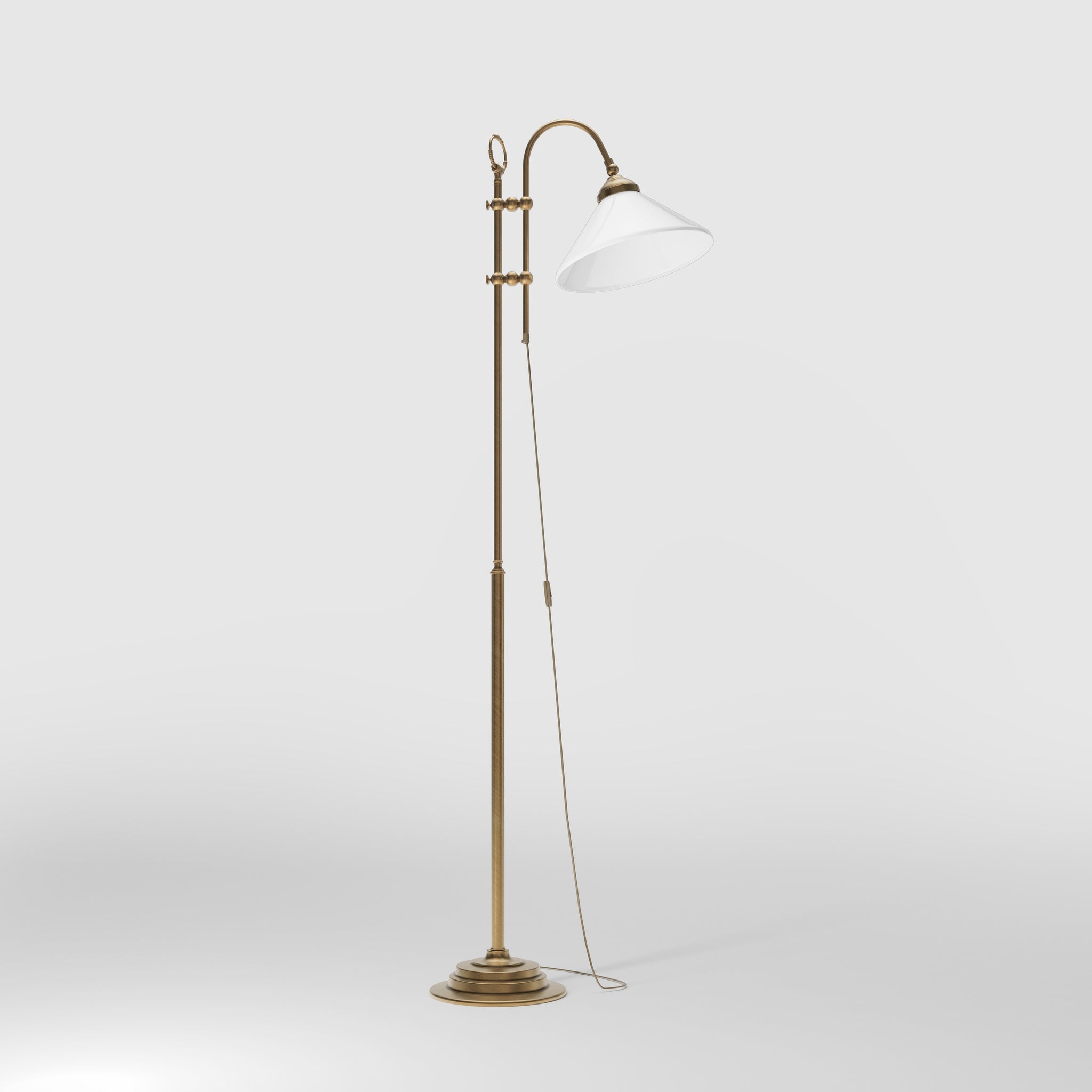 Floor lamp with brass sliding system adjustable glossy white glass shade vintage design Made in Italy by Ghidini 1849 - Finish: OBS Bronze Satin Brass