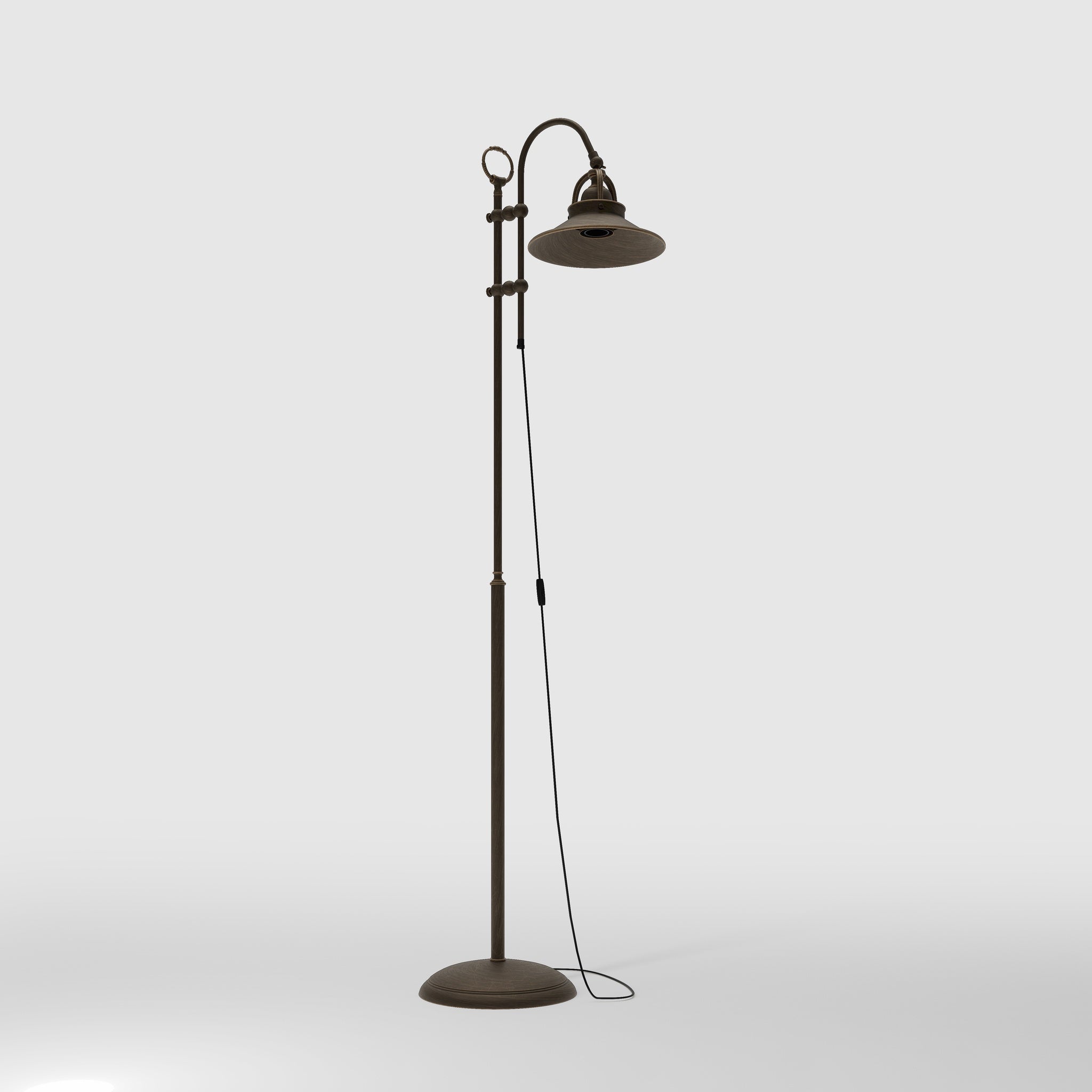 Industrial brass floor lamp with adjustable arm and swivel conical shade for targeted lighting by Ghidini 1849 - Finish: OBM Bronze Satin Matt Brass