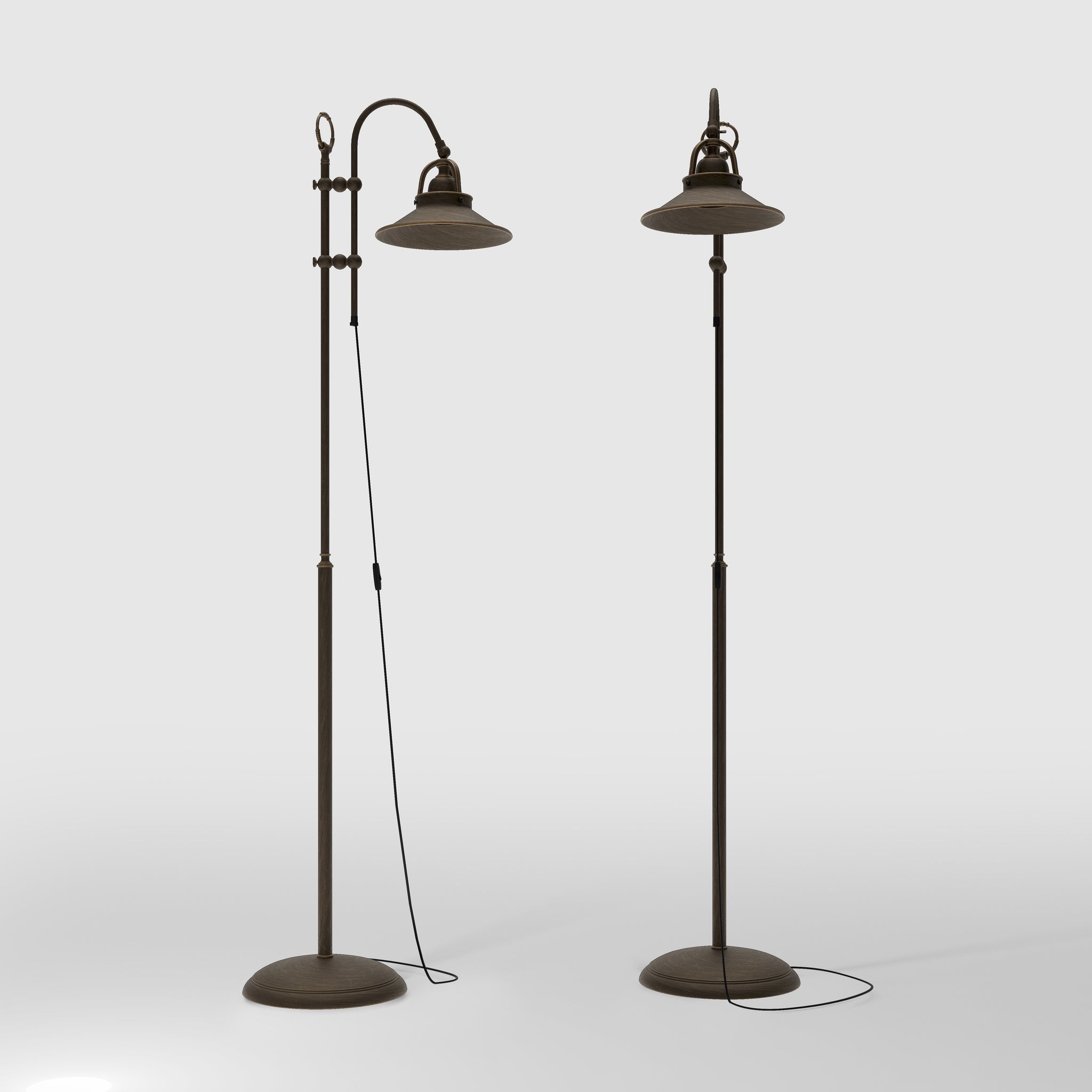 Industrial brass floor lamp with adjustable arm and swivel conical shade for targeted lighting by Ghidini 1849 - Finish: OBM Bronze Satin Matt Brass