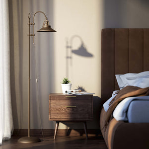 Industrial brass floor lamp with adjustable arm and swivel conical shade for targeted lighting by Ghidini 1849 - Finish: OBM Bronze Satin Matt Brass