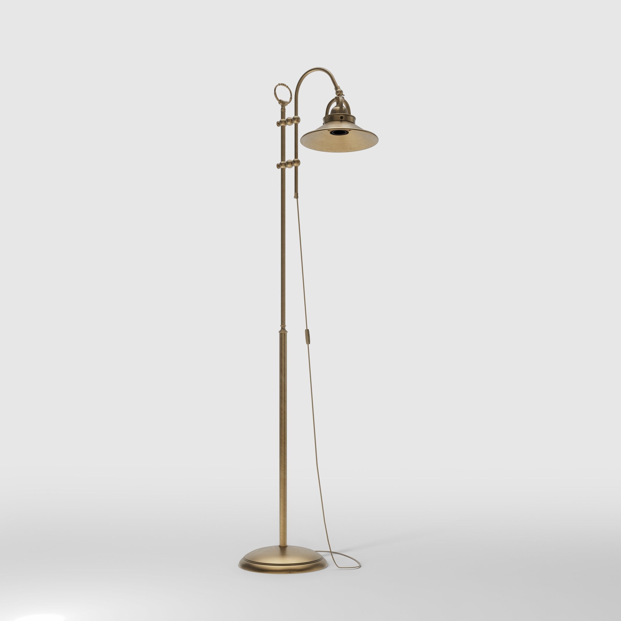Industrial brass floor lamp with adjustable arm and swivel conical shade for targeted lighting by Ghidini 1849 - Finish: OBS Bronze Satin Brass